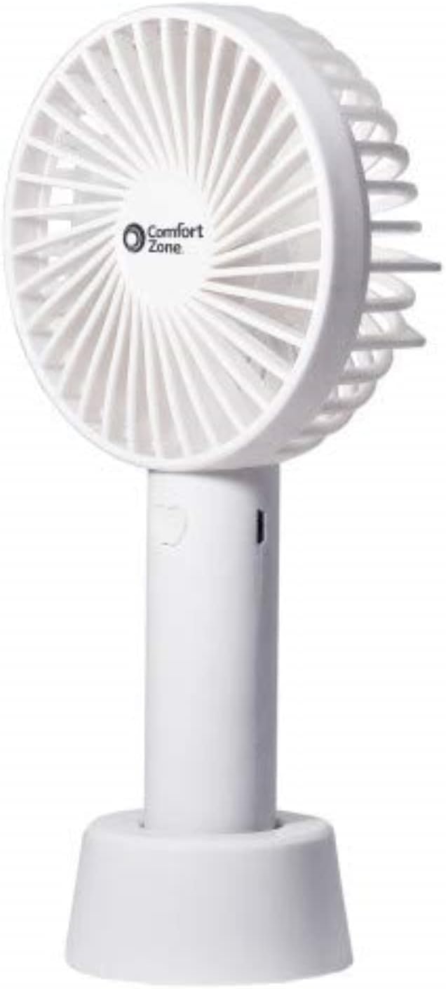 Comfort Zone Personal Handheld Rechargeable Fan, 4 inch, 3 Speed, Lithium Ion Battery, Micro USB Cable, Powerful, Mini Hand Fan, Ideal for Home, Bedroom & Office, CZPF402WT