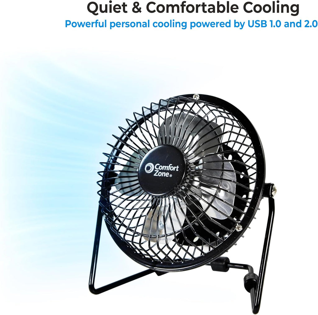 Comfort Zone 4-inch All-Metal Mini Desk Fan – High Velocity Portable USB Fan with 120V Wall Adapter, 360° Adjustable Tilt & Quiet Operation – Compact Electric Table Fan for Office, Home & Travel
