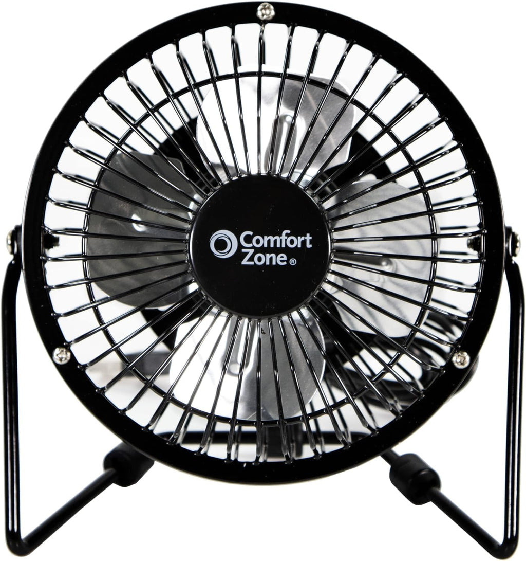Comfort Zone 4-inch All-Metal Mini Desk Fan – High Velocity Portable USB Fan with 120V Wall Adapter, 360° Adjustable Tilt & Quiet Operation – Compact Electric Table Fan for Office, Home & Travel