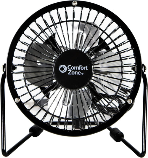 Comfort Zone 4-inch All-Metal Mini Desk Fan – High Velocity Portable USB Fan with 120V Wall Adapter, 360° Adjustable Tilt & Quiet Operation – Compact Electric Table Fan for Office, Home & Travel