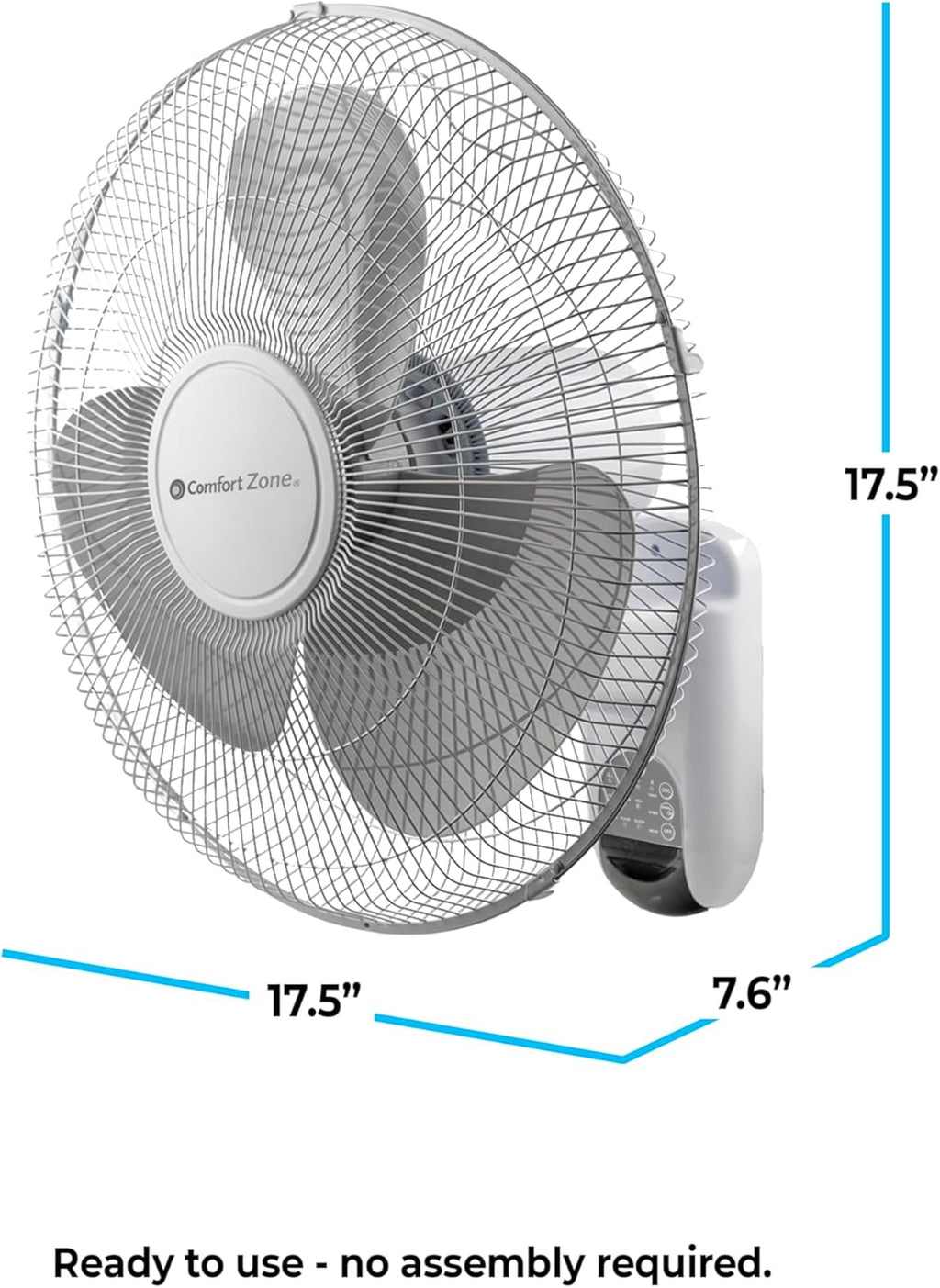Comfort Zone Oscillating Wall Mount Fan with Remote Control, Timer, Auto Shut Off, Adjustable Tilt, Quiet, 16 inch, 3 Speed, Ideal for Home, Bedroom, Gym & Office, Airflow 14.07 ft/sec, CZ16WR