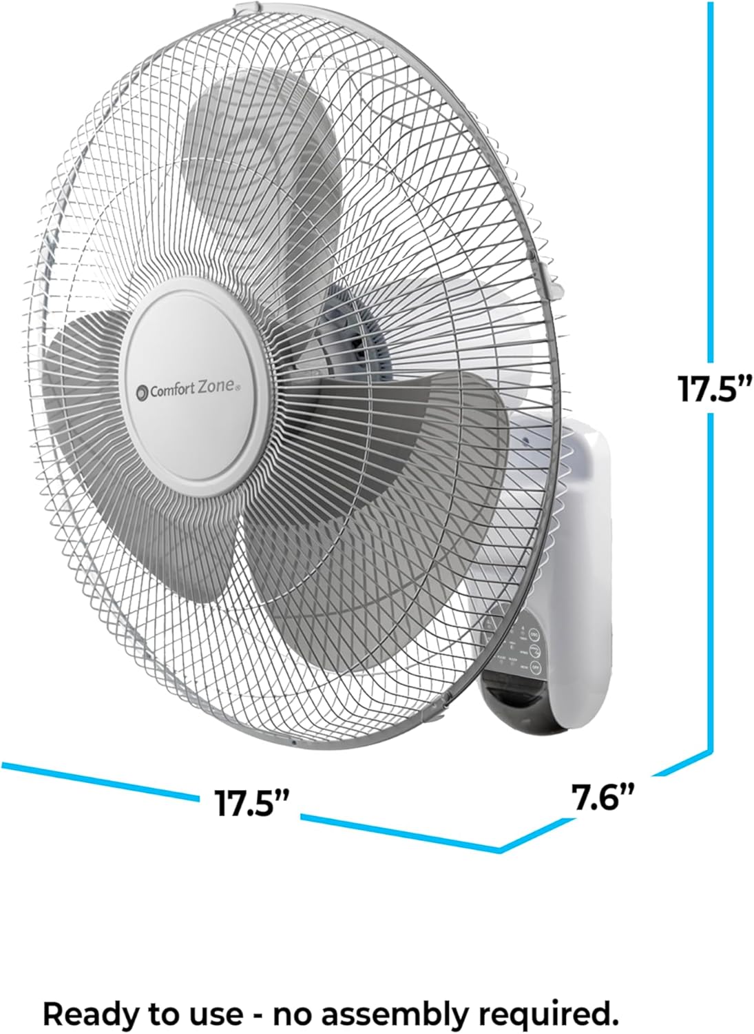 Comfort Zone Oscillating Wall Mount Fan with Remote Control, Timer, Auto Shut Off, Adjustable Tilt, Quiet, 16 inch, 3 Speed, Ideal for Home, Bedroom, Gym & Office, Airflow 14.07 ft/sec, CZ16WR