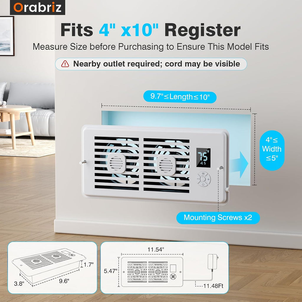 AC Vent Booster Fan 4" x 10" Register, Improves Airflow for Rooms | Quiet 10-Speed Air Booster with Thermostat Control, Remote & LCD Display, Aroma Pad Slot