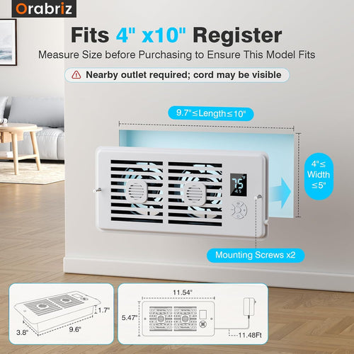 AC Vent Booster Fan 4" x 10" Register, Improves Airflow for Rooms | Quiet 10-Speed Air Booster with Thermostat Control, Remote & LCD Display, Aroma Pad Slot