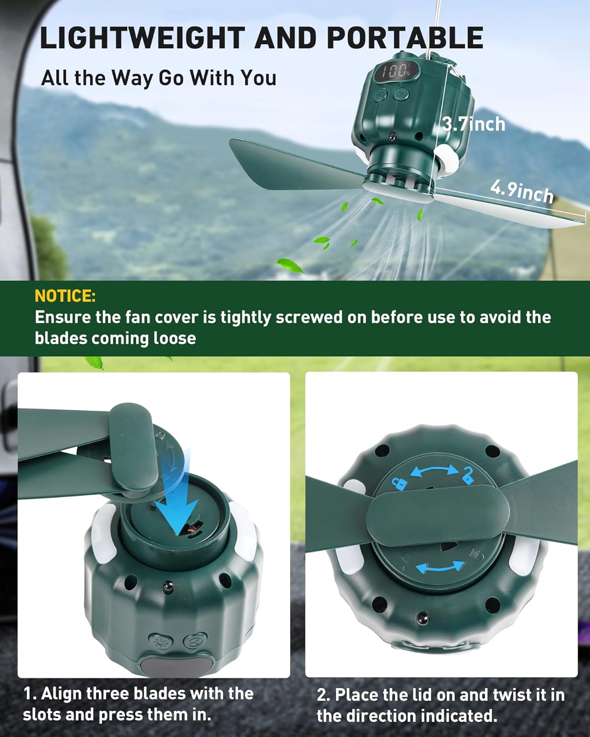 DUKUSEEK Tent Ceiling Fans for Camping Hanging, Portable Tent Fans with Light and Remote Control, Power Bank, USB Battery Operated Camping Fan with Hanging Hook for Outdoor, Car, RV