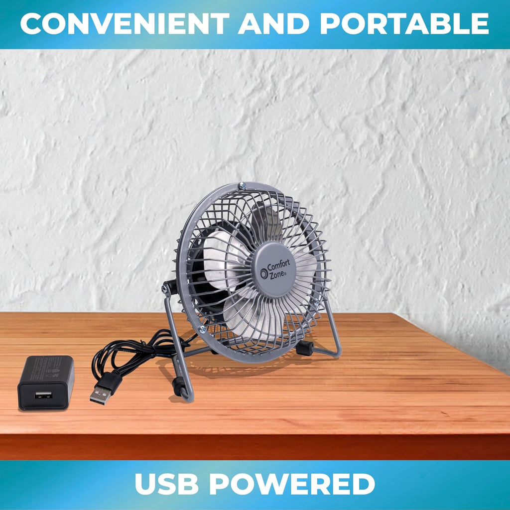Comfort Zone 4-inch All-Metal Mini Desk Fan – High Velocity Portable USB Fan with 120V Wall Adapter, 360° Adjustable Tilt & Quiet Operation – Compact Electric Table Fan for Office, Home & Travel