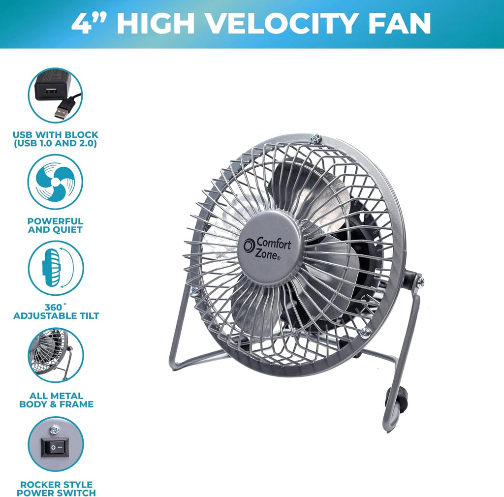 Comfort Zone 4-inch All-Metal Mini Desk Fan – High Velocity Portable USB Fan with 120V Wall Adapter, 360° Adjustable Tilt & Quiet Operation – Compact Electric Table Fan for Office, Home & Travel