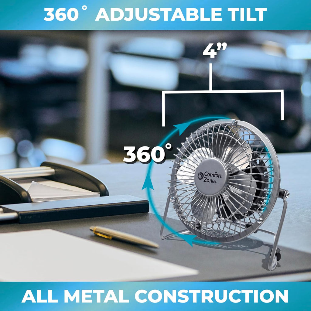 Comfort Zone 4-inch All-Metal Mini Desk Fan – High Velocity Portable USB Fan with 120V Wall Adapter, 360° Adjustable Tilt & Quiet Operation – Compact Electric Table Fan for Office, Home & Travel