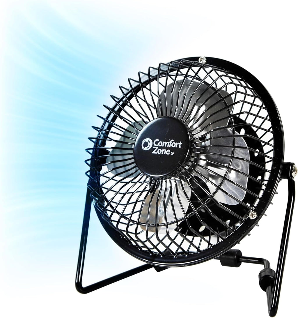 Comfort Zone 4-inch All-Metal Mini Desk Fan – High Velocity Portable USB Fan with 120V Wall Adapter, 360° Adjustable Tilt & Quiet Operation – Compact Electric Table Fan for Office, Home & Travel