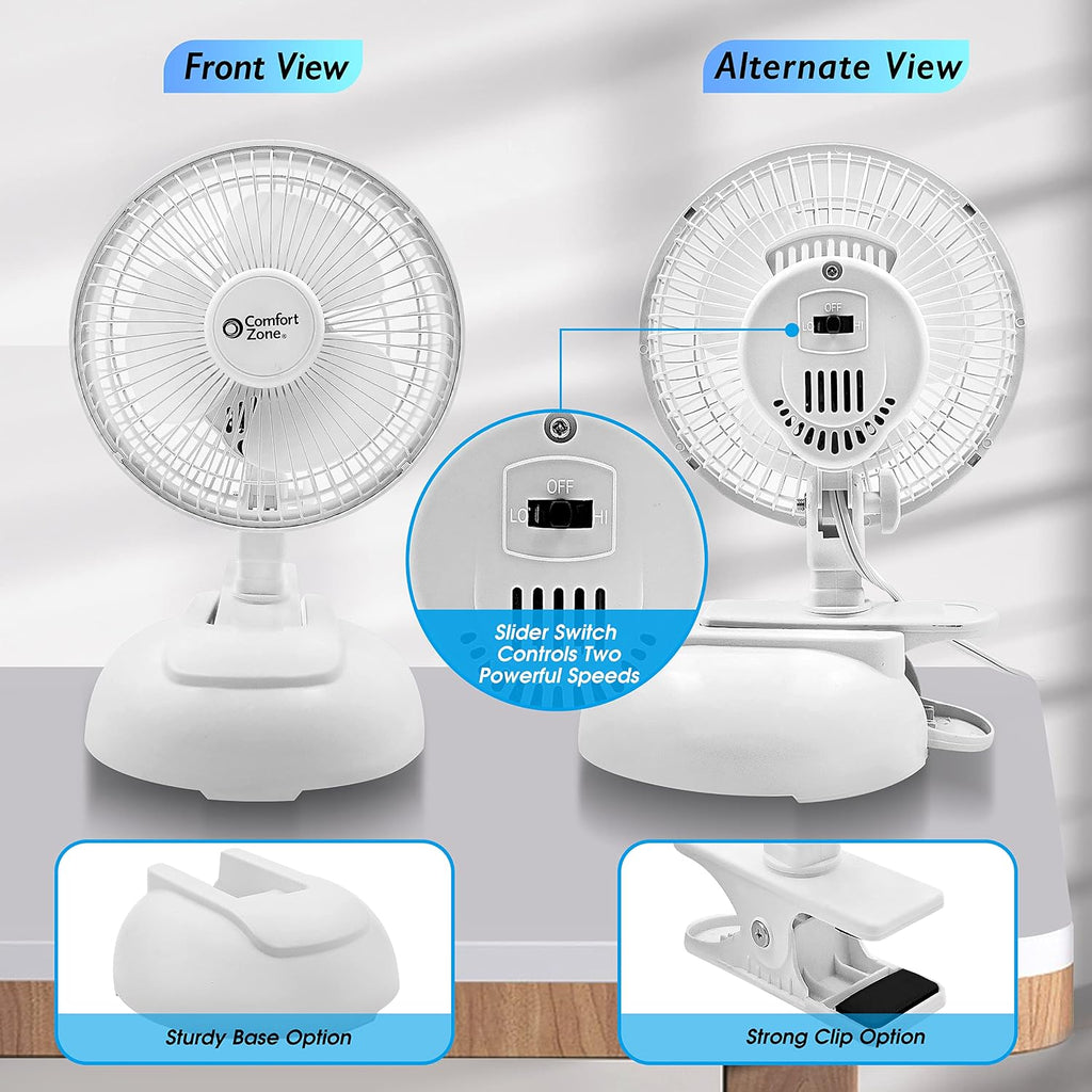 Comfort Zone CZ6XMWT 6” 2-Speed Combo Clip or Desk Fan with Removable Base, Strong Clamp for Firm Grip, Suitable for Bedroom, Office, or Dorm Room, White