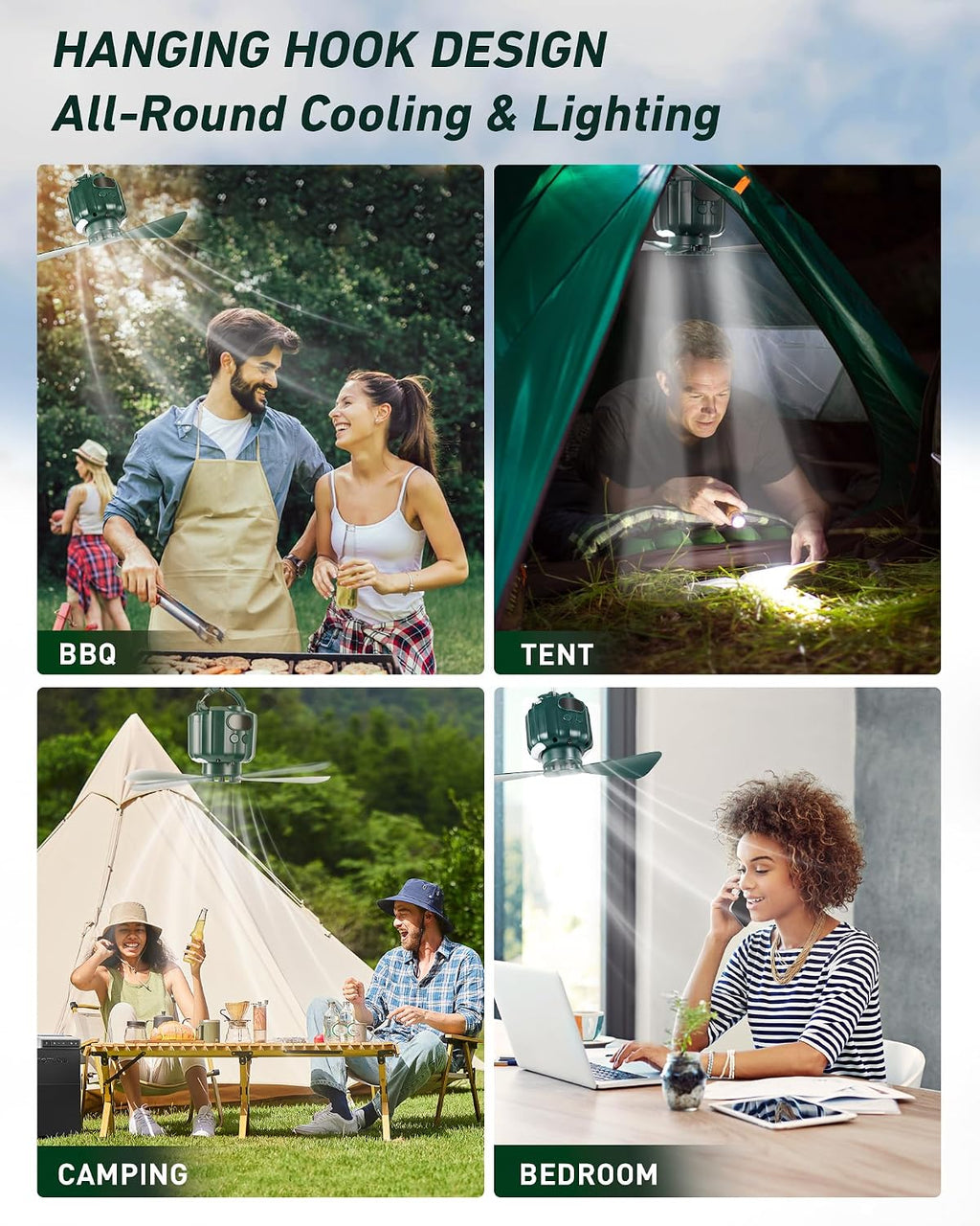 DUKUSEEK Tent Ceiling Fans for Camping Hanging, Portable Tent Fans with Light and Remote Control, Power Bank, USB Battery Operated Camping Fan with Hanging Hook for Outdoor, Car, RV