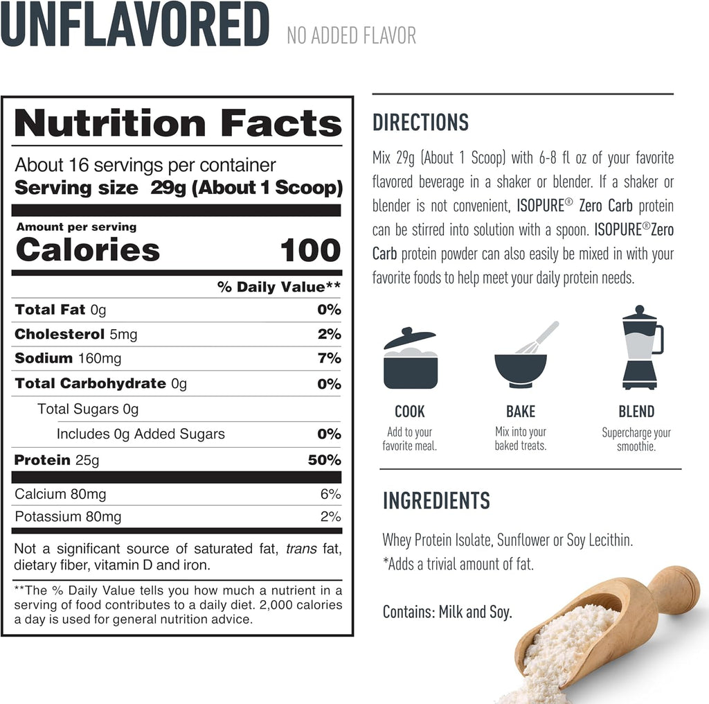 Isopure Zero Carb Whey Isolate Protein Powder, Unflavored 1 LB