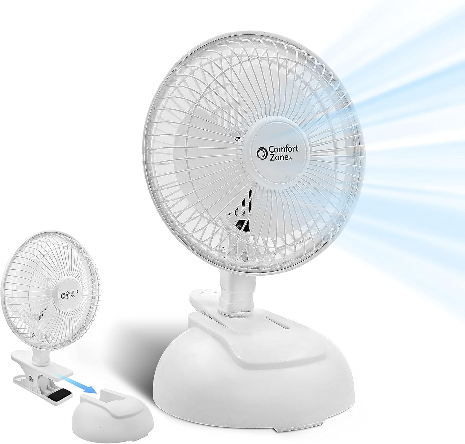 Comfort Zone CZ6XMWT 6” 2-Speed Combo Clip or Desk Fan with Removable Base, Strong Clamp for Firm Grip, Suitable for Bedroom, Office, or Dorm Room, White