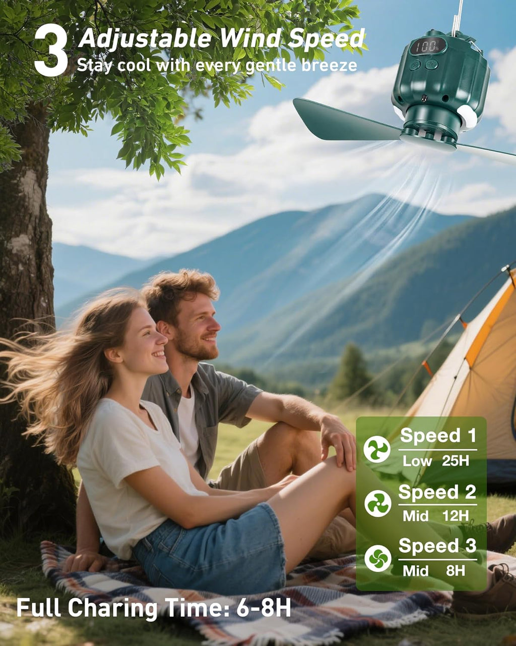 DUKUSEEK Tent Ceiling Fans for Camping Hanging, Portable Tent Fans with Light and Remote Control, Power Bank, USB Battery Operated Camping Fan with Hanging Hook for Outdoor, Car, RV
