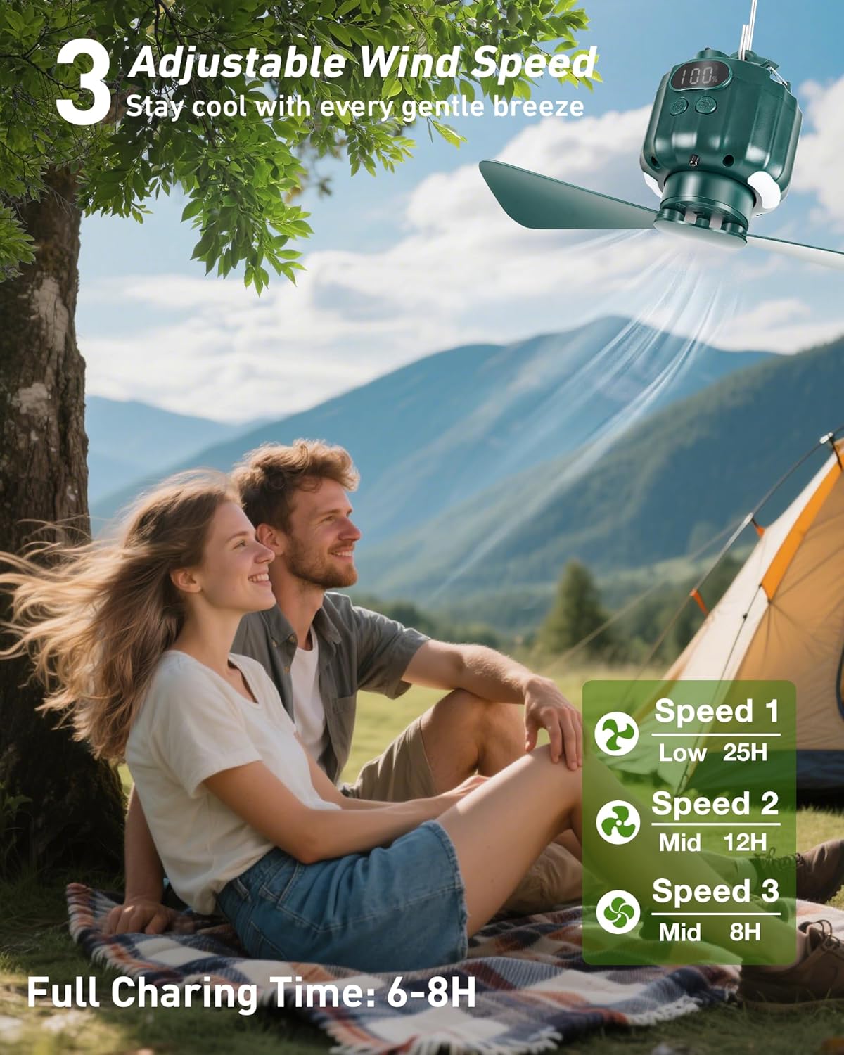 DUKUSEEK Tent Ceiling Fans for Camping Hanging, Portable Tent Fans with Light and Remote Control, Power Bank, USB Battery Operated Camping Fan with Hanging Hook for Outdoor, Car, RV
