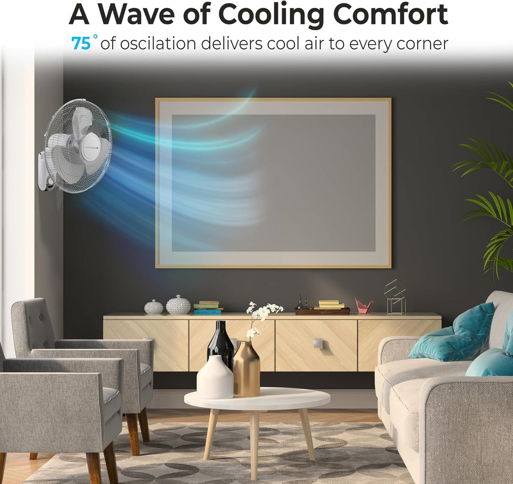 Comfort Zone Oscillating Wall Mount Fan with Remote Control, Timer, Auto Shut Off, Adjustable Tilt, Quiet, 16 inch, 3 Speed, Ideal for Home, Bedroom, Gym & Office, Airflow 14.07 ft/sec, CZ16WR