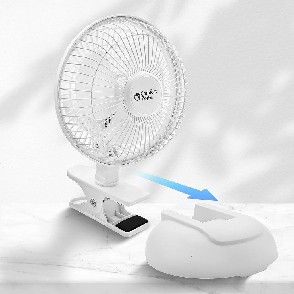 Comfort Zone CZ6XMWT 6” 2-Speed Combo Clip or Desk Fan with Removable Base, Strong Clamp for Firm Grip, Suitable for Bedroom, Office, or Dorm Room, White