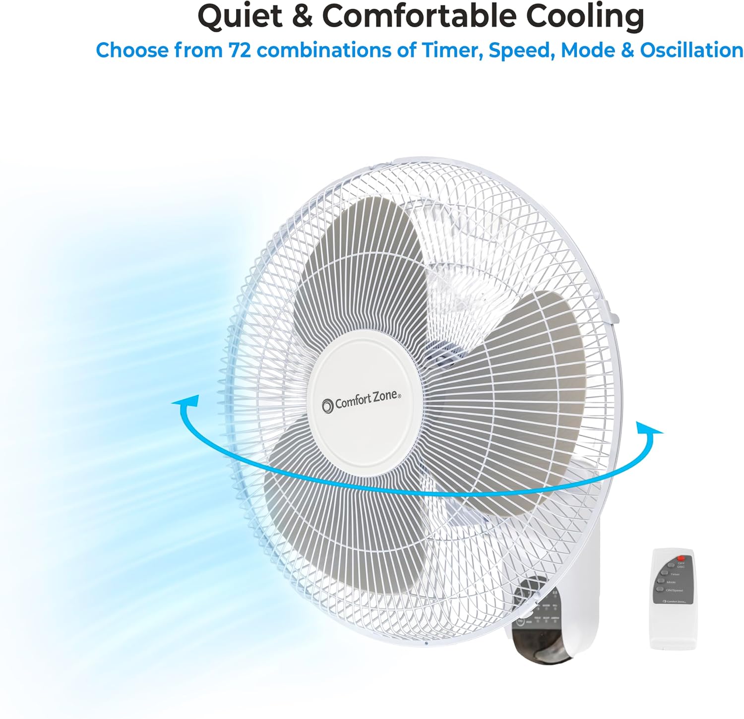 Comfort Zone Oscillating Wall Mount Fan with Remote Control, Timer, Auto Shut Off, Adjustable Tilt, Quiet, 16 inch, 3 Speed, Ideal for Home, Bedroom, Gym & Office, Airflow 14.07 ft/sec, CZ16WR